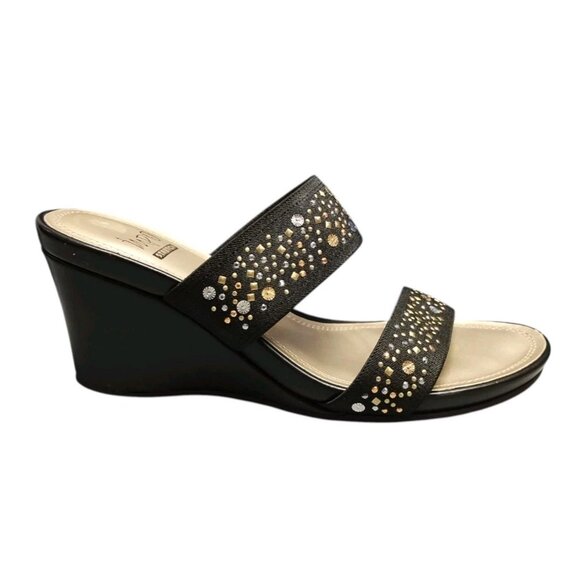 Impo Stretch Vow Wedge Sandals Womens 9 M Black Studded Comfort Slip On Gold Sil - Picture 1 of 11